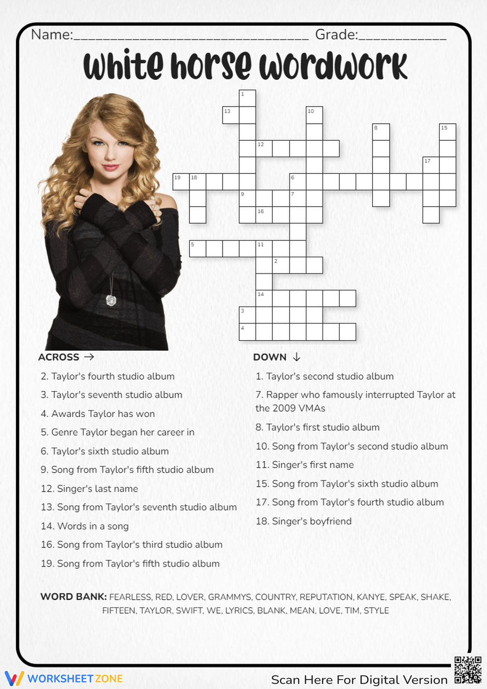 Grade 1 Taylor Swift Crossword Worksheets 2025 Grade 1 Taylor Swift Crossword Worksheets 2025