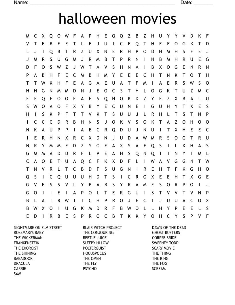 Halloween Movies Word Search WordMint Halloween Movies Word Search WordMint