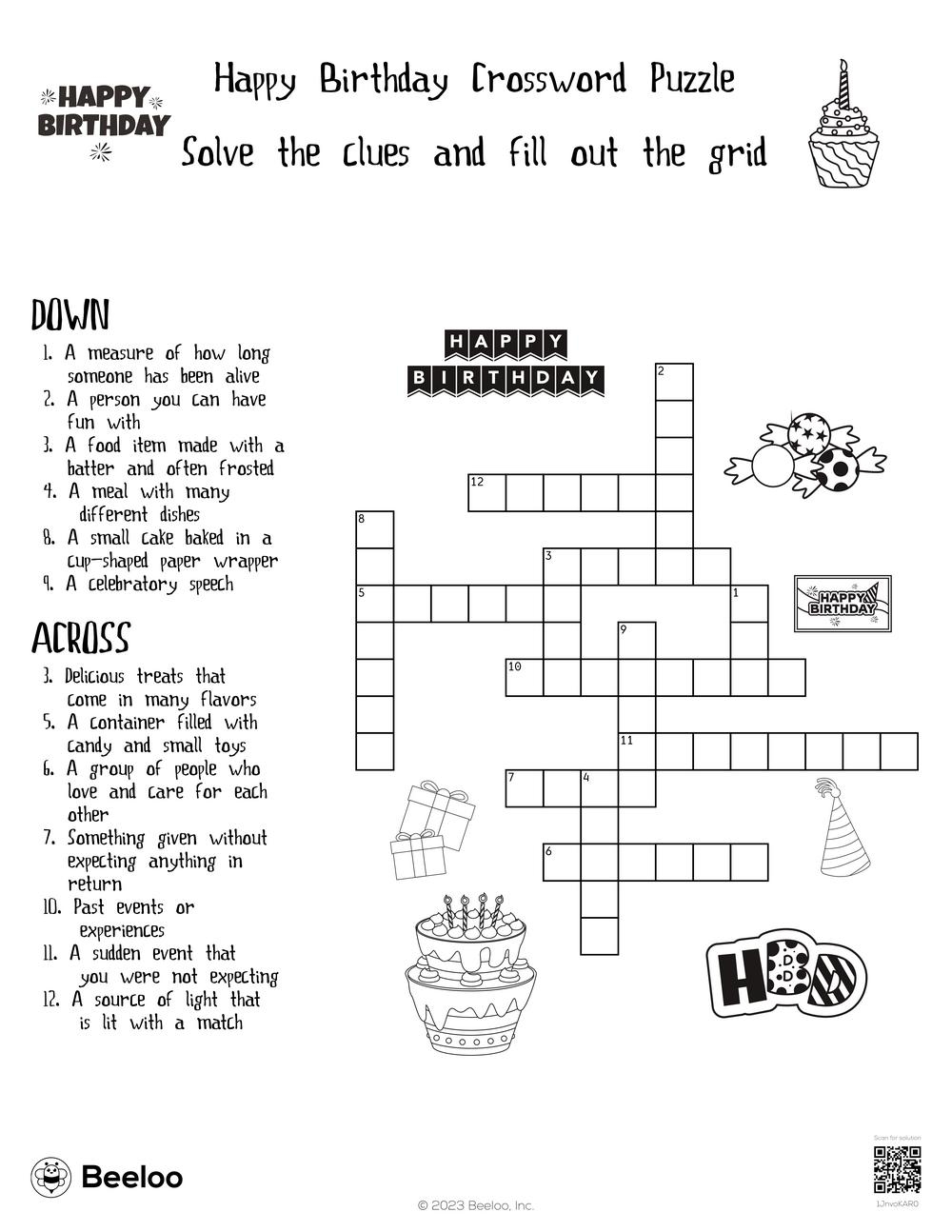 Happy Birthday Crossword Puzzle Beeloo Printable Crafts And Activities For Kids