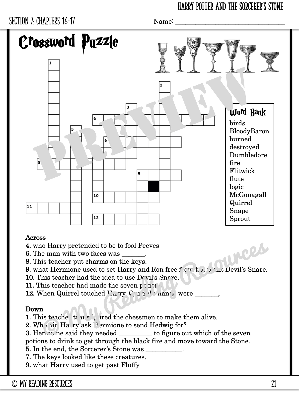 Harry Potter And The Sorcerer s Stone Section Quizzes Crossword Puzzles My Reading Resources