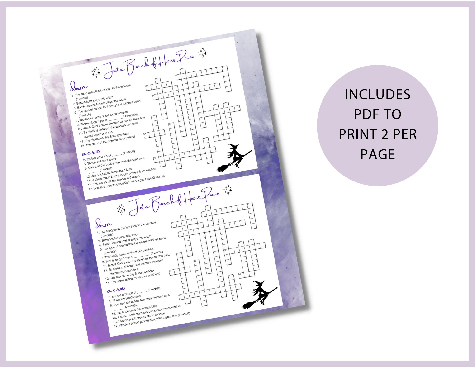 Hocus Pocus Party Crossword Puzzle Printable Trivia Halloween Game Etsy