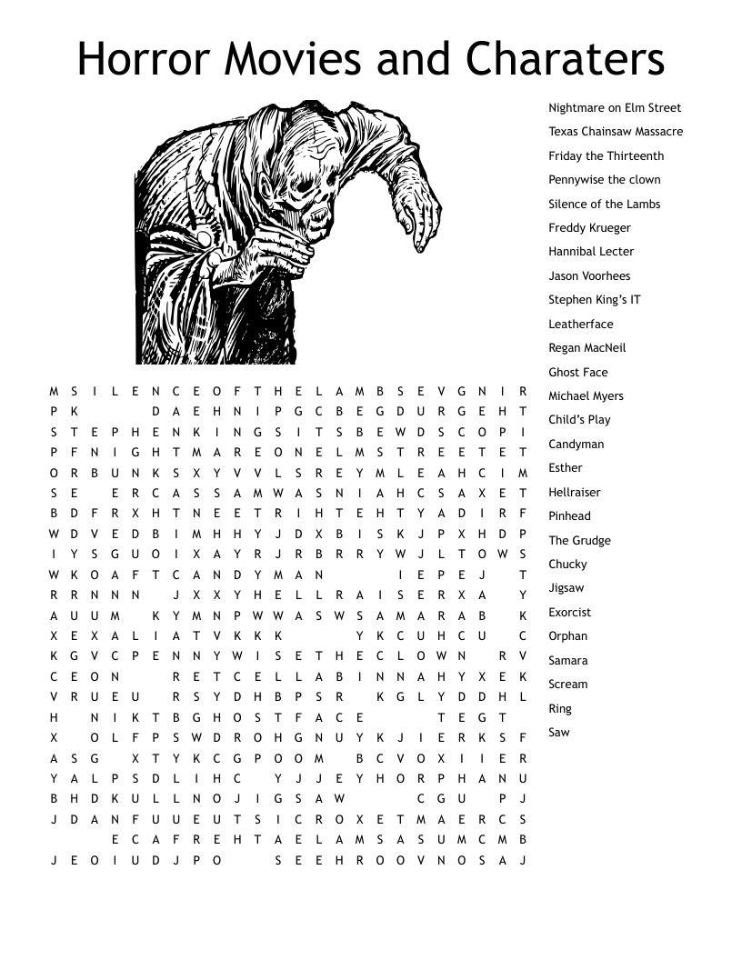 Horror Movies And Charaters Word Search WordMint Horror Movies And Charaters Word Search WordMint