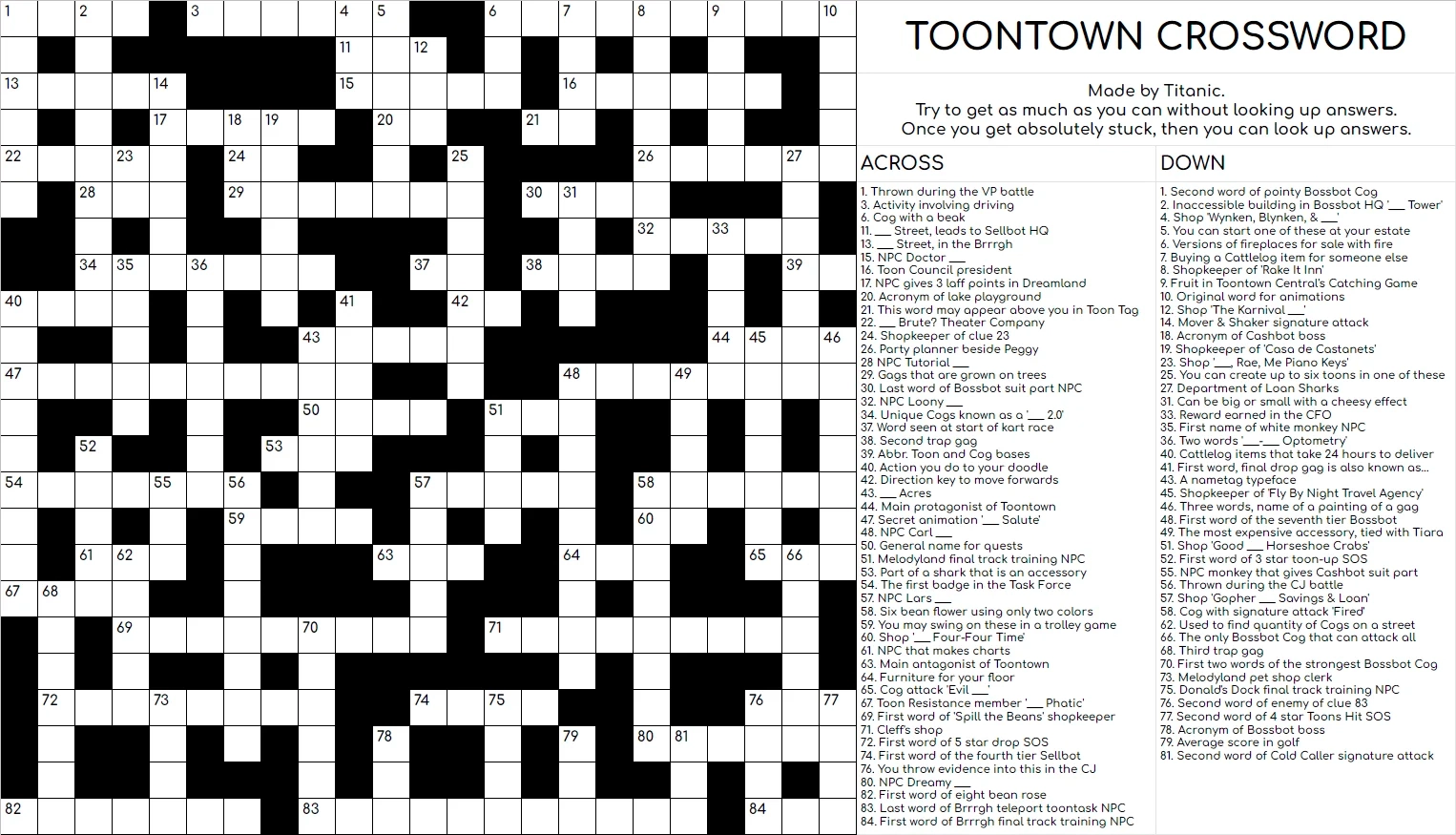 I Made A Toontown Crossword Puzzle 92 Words All Toontown Related Good Luck Updated R toontownrewritten