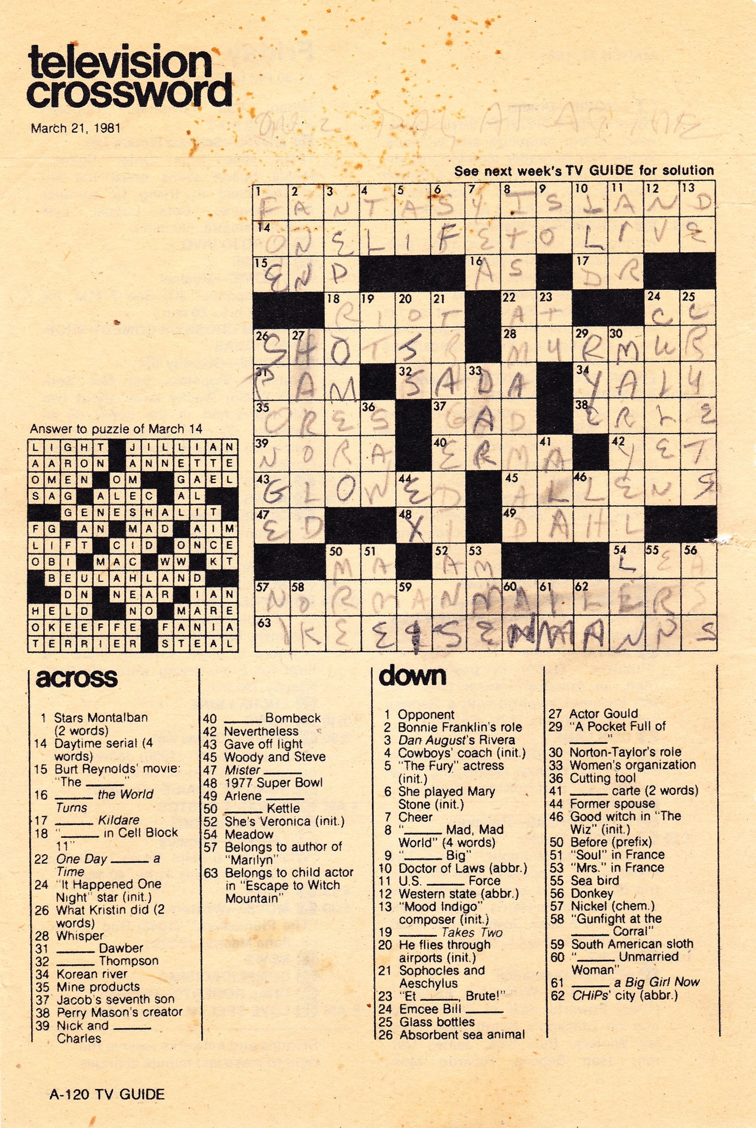 Printable Television Crossword Puzzles Printable Television Crossword Puzzles