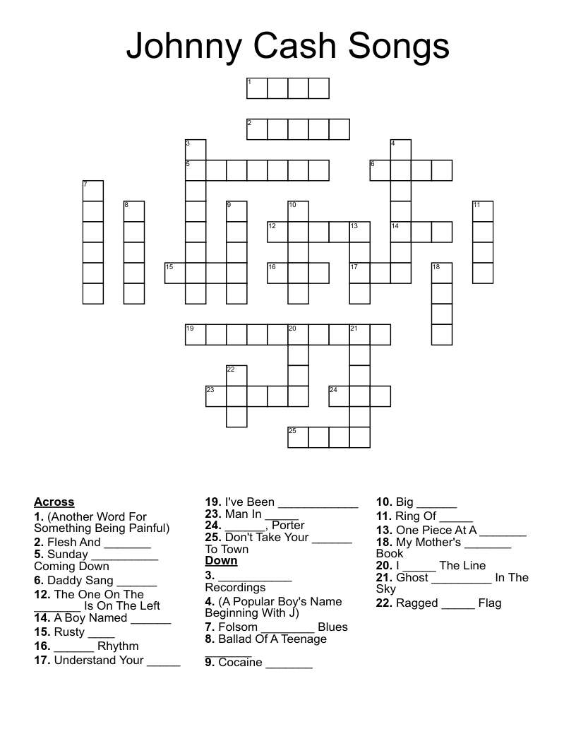 Johnny Cash Songs Crossword WordMint