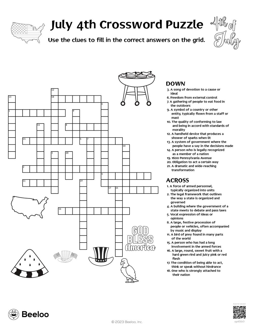 July 4th Crossword Puzzle Beeloo Printable Crafts And Activities For Kids