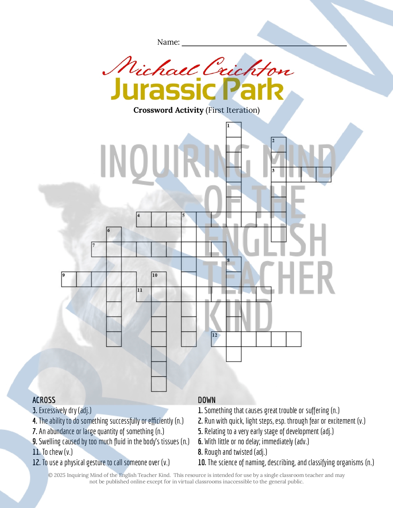 Jurassic Park By Michael Crichton Vocabulary Games First Iteration Teaching Resources Jurassic Park By Michael Crichton Vocabulary Games First Iteration Teaching Resources