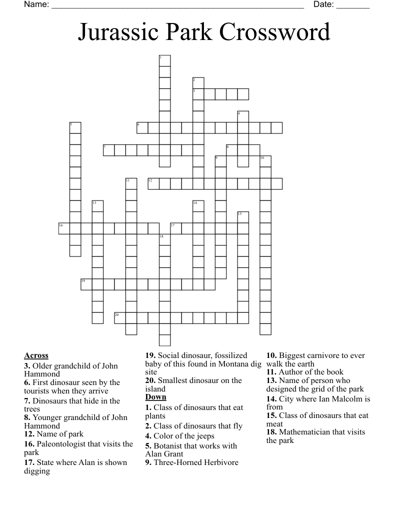 Jurassic Park Crossword WordMint Jurassic Park Crossword WordMint