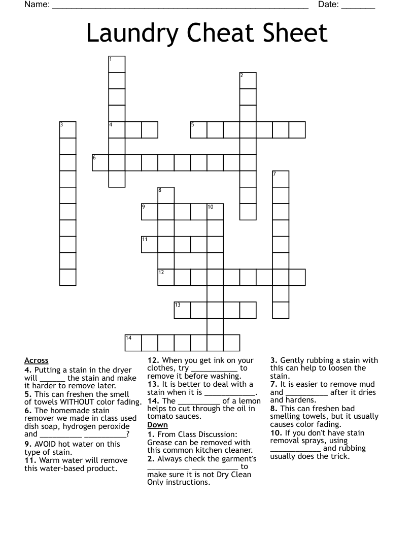 Laundry Cheat Sheet Crossword WordMint Laundry Cheat Sheet Crossword WordMint