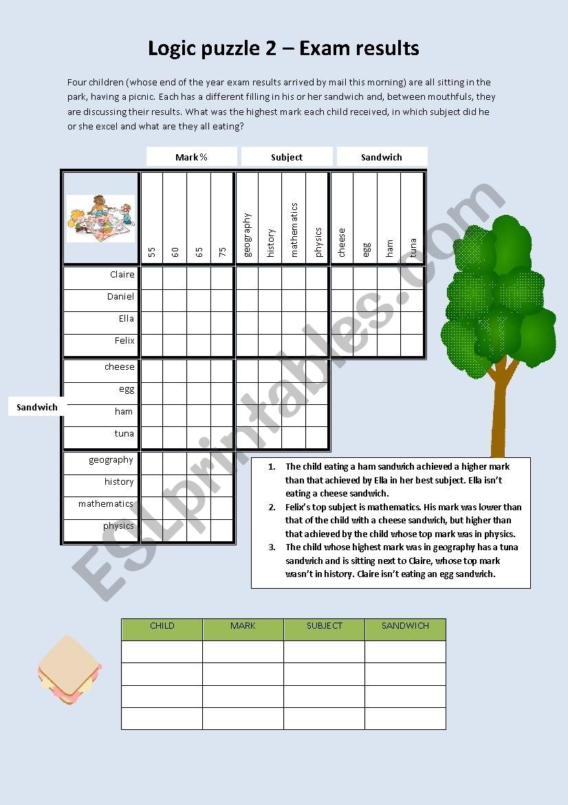 Logic Puzzle Exam Results ESL Worksheet By X spacegirl x Logic Puzzle Exam Results ESL Worksheet By X spacegirl x