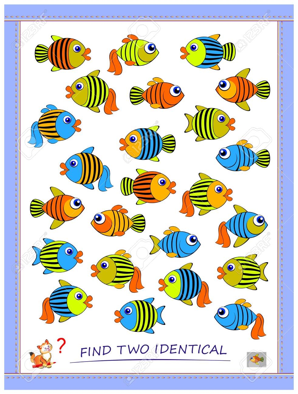 Logic Puzzle Game For Children And Adults Find Two Identical Fishes Printable Page For Kids Brain Teaser Book Developing Spatial Thinking Skills IQ Training Test Flat Vector Cartoon Image Royalty Free SVG Logic Puzzle Game For Children And Adults Find Two Identical Fishes Printable Page For Kids Brain Teaser Book Developing Spatial Thinking Skills IQ Training Test Flat Vector Cartoon Image Royalty Free SVG
