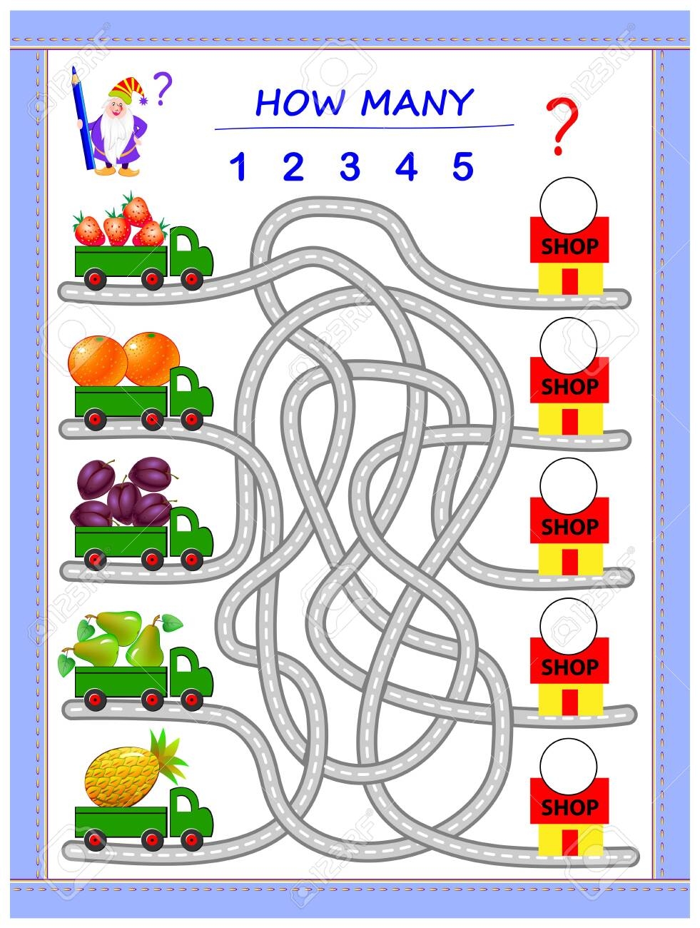 Logic Puzzle Game For Little Children Where Do The Lorries Have To Deliver Fruits Count The Quantity And Write The Numbers On Shops Educational Page For Kids Printable Worksheet For Baby Book 
