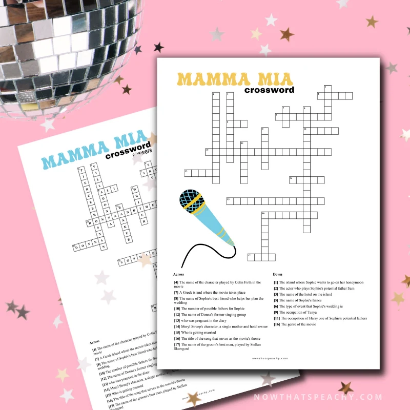 Mamma Mia Crossword Puzzle Movie Game Printable Instant Download Now That s Peachy
