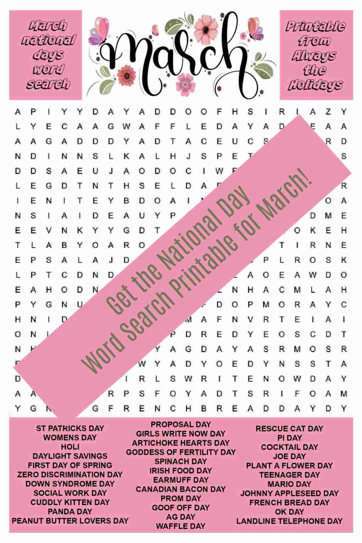 March Word Search Printable National Days Word Find Puzzles March Word Search Printable National Days Word Find Puzzles