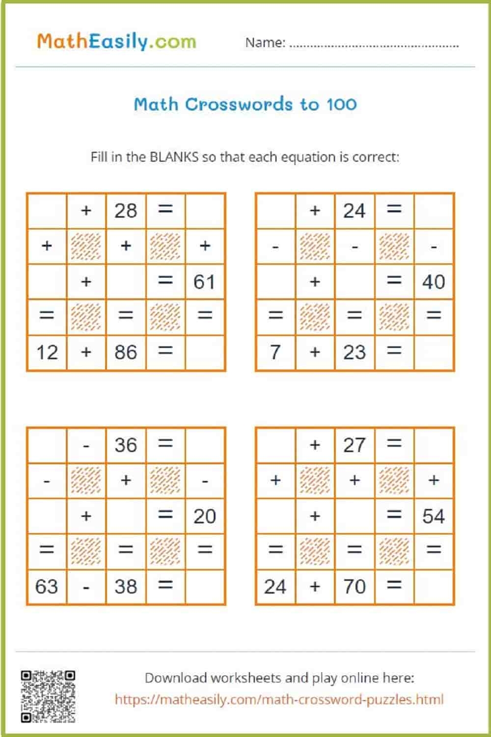 Math Crossword Game Addition And Subtraction Math Crossword Game Addition And Subtraction