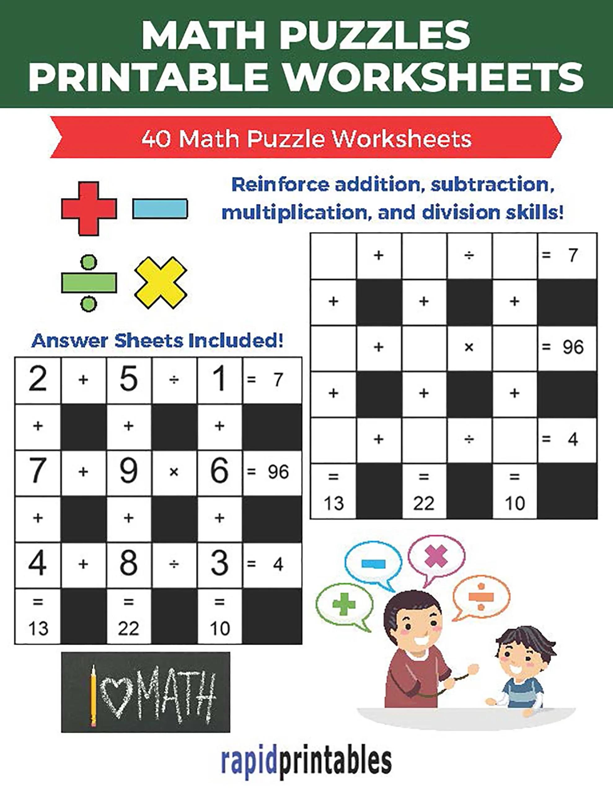 Math Printable Worksheets 40 Math Puzzle Worksheets To Reinforce Addition Subtraction Multiplication And Division Skills In Children Etsy