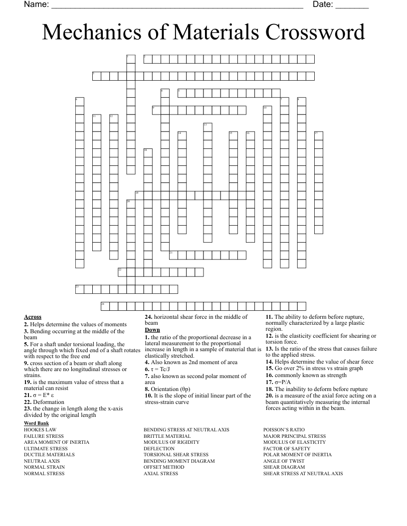 Mechanics Of Materials Crossword WordMint Mechanics Of Materials Crossword WordMint