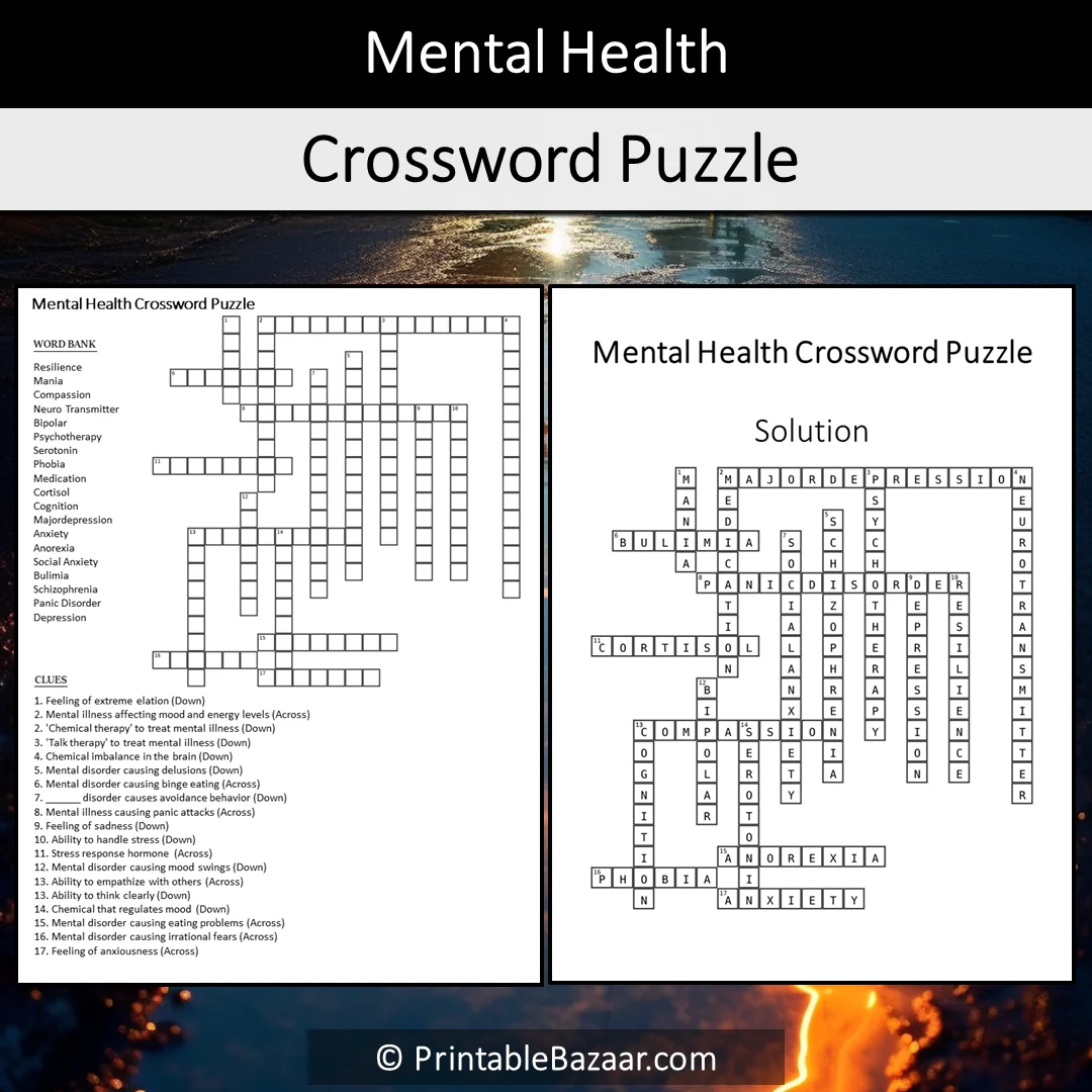 Mental Health Crossword Puzzle Worksheet Activity Printable PDF PrintableBazaar Mental Health Crossword Puzzle Worksheet Activity Printable PDF PrintableBazaar