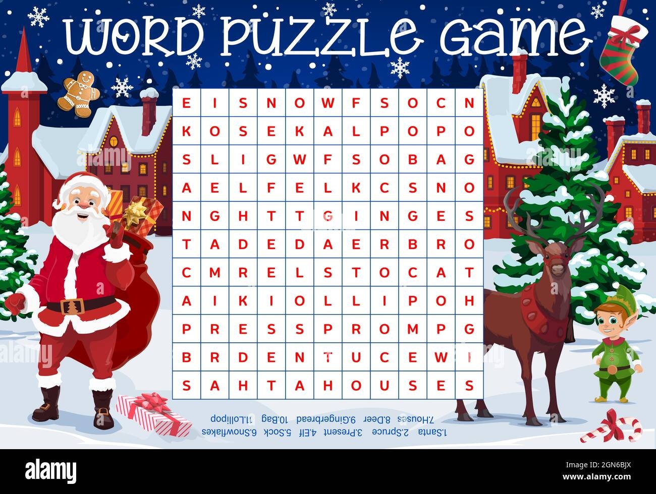 Merry Christmas Word Puzzle Worksheet With Santa And Reindeer Elf And Gingerbread Man Little Town Buildings Kids Quiz Or Riddle Game Educational Game Crossword With Christmas Cartoon Characters Stock Vector Image Merry Christmas Word Puzzle Worksheet With Santa And Reindeer Elf And Gingerbread Man Little Town Buildings Kids Quiz Or Riddle Game Educational Game Crossword With Christmas Cartoon Characters Stock Vector Image