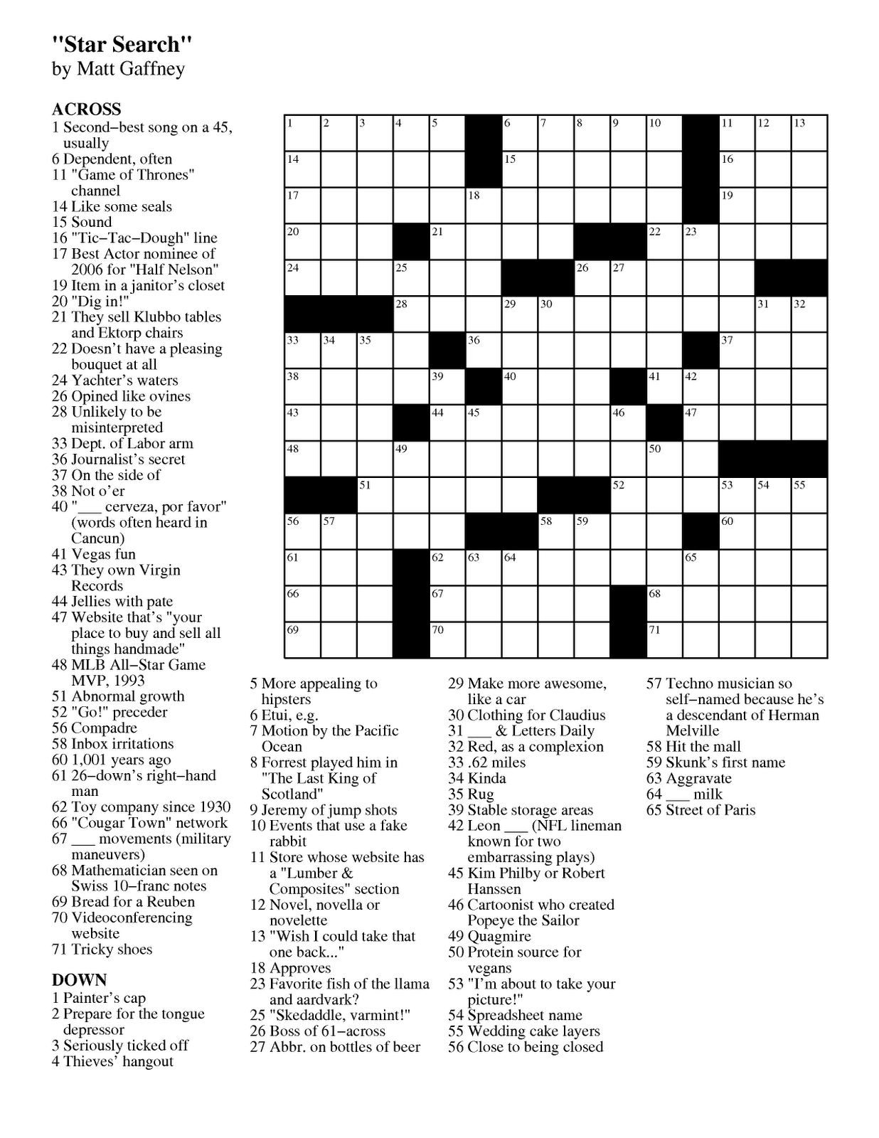 MGWCC 197 Friday March 9th 2012 Star Search Matt Gaffney s Weekly Crossword Contest MGWCC 197 Friday March 9th 2012 Star Search Matt Gaffney s Weekly Crossword Contest