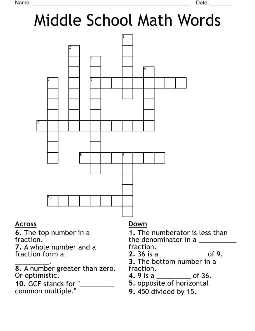Middle School Math Words Crossword WordMint Middle School Math Words Crossword WordMint