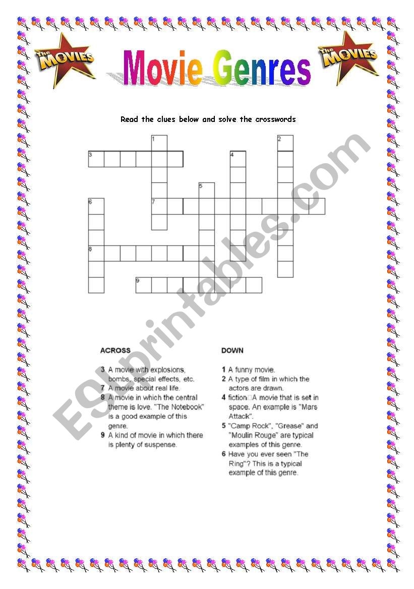 Movie Genre Crosswords ESL Worksheet By Ctrajtemberg Movie Genre Crosswords ESL Worksheet By Ctrajtemberg