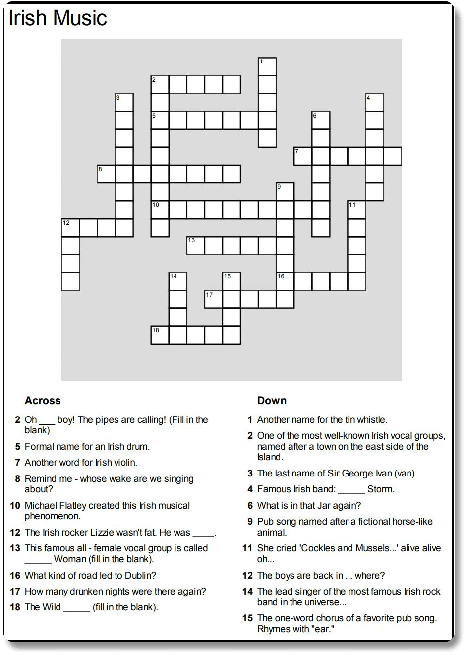 Music Crossword Puzzle Printable Coloring Pages FREE