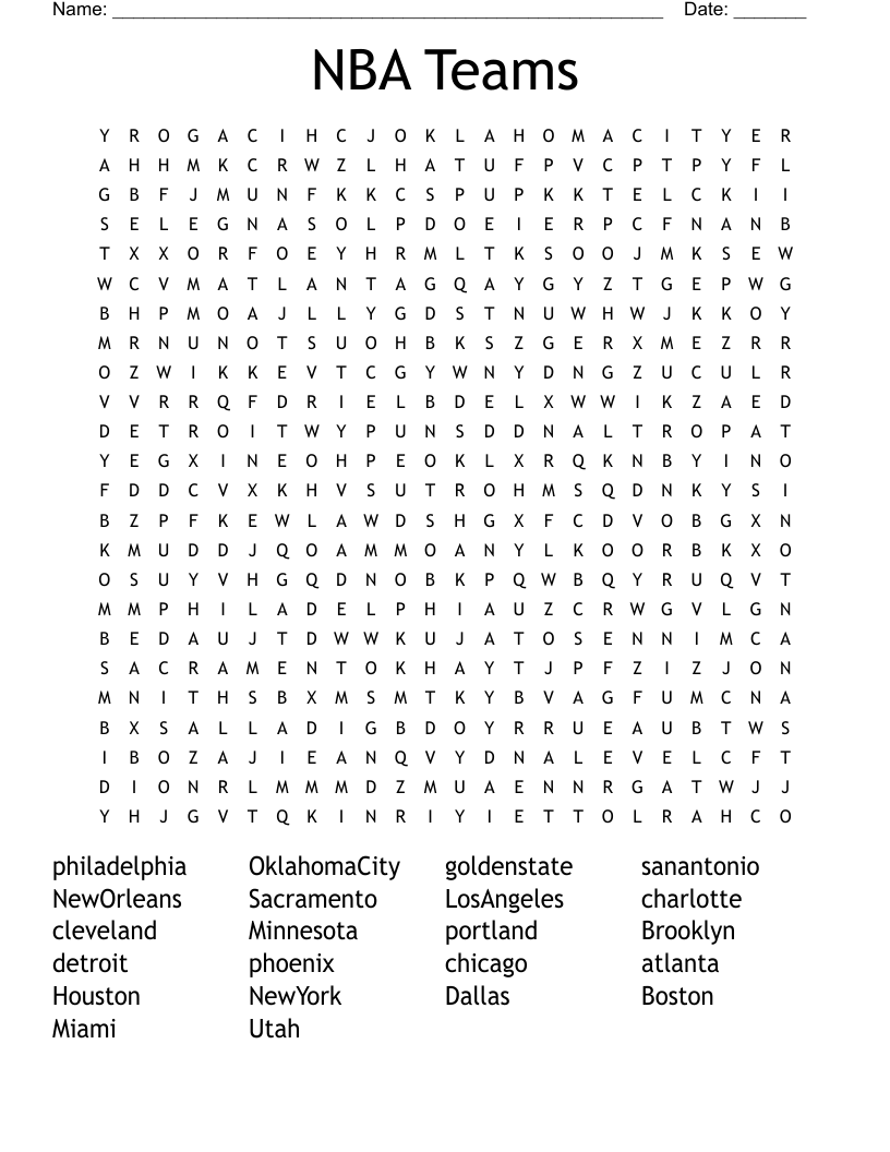 NBA Teams Word Search WordMint NBA Teams Word Search WordMint
