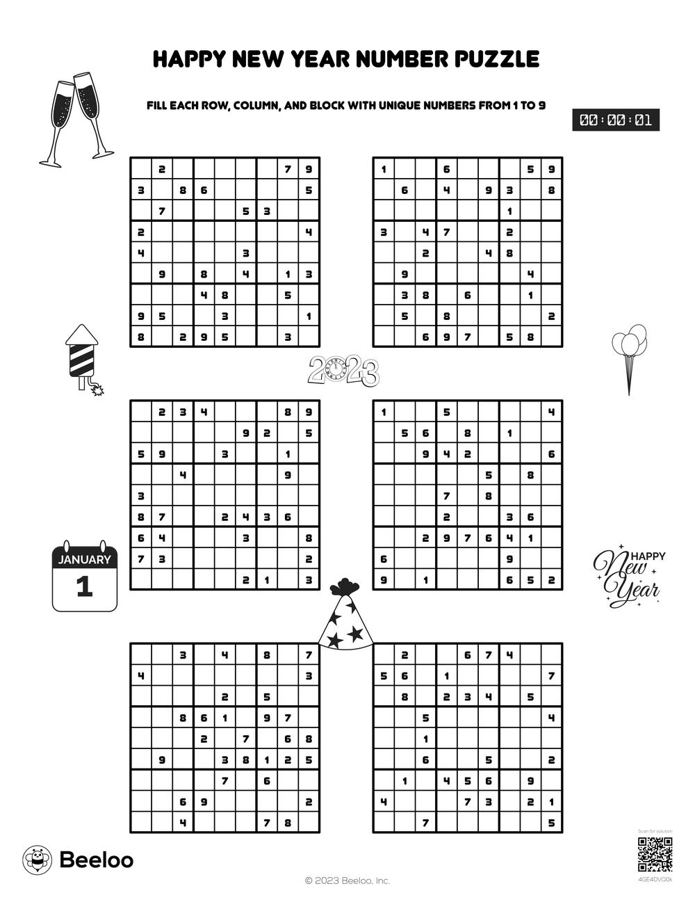 New Year themed Sudoku Puzzles Beeloo Printable Crafts And Activities For Kids