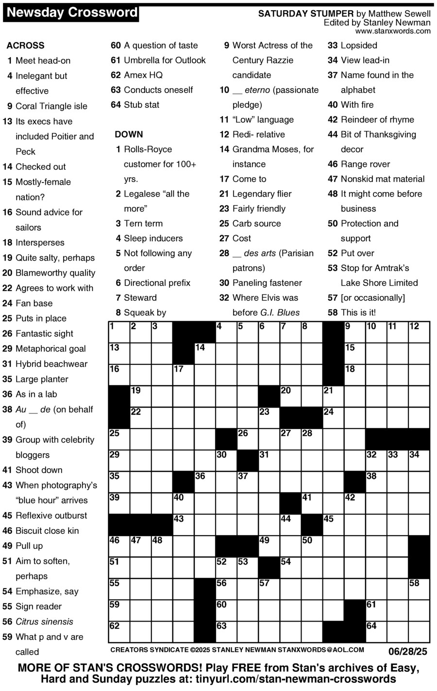 Newsday Crossword Puzzle For Jun 28 2025 By Stanley Newman Creators Syndicate Newsday Crossword Puzzle For Jun 28 2025 By Stanley Newman Creators Syndicate