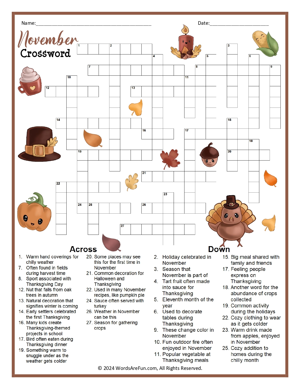 November Crossword Puzzle November Crossword Puzzle