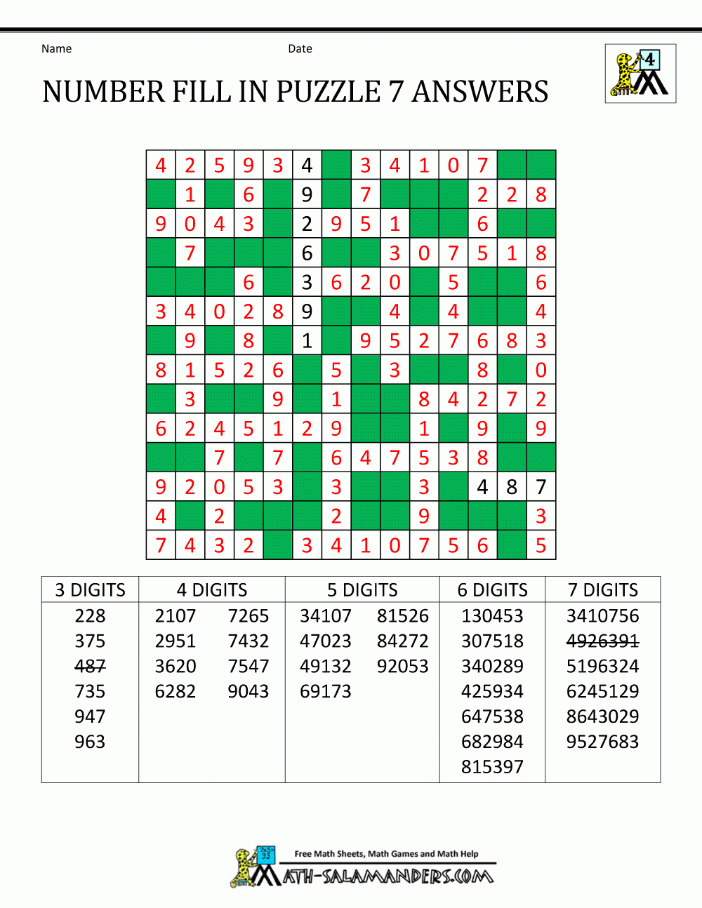 Number Fill In Puzzles Number Fill In Puzzles