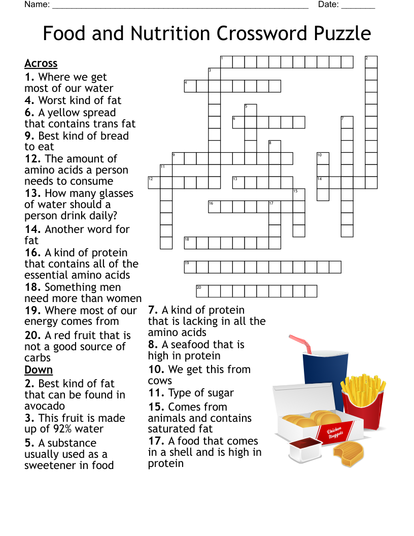 Nutrition Crossword Puzzle WordMint