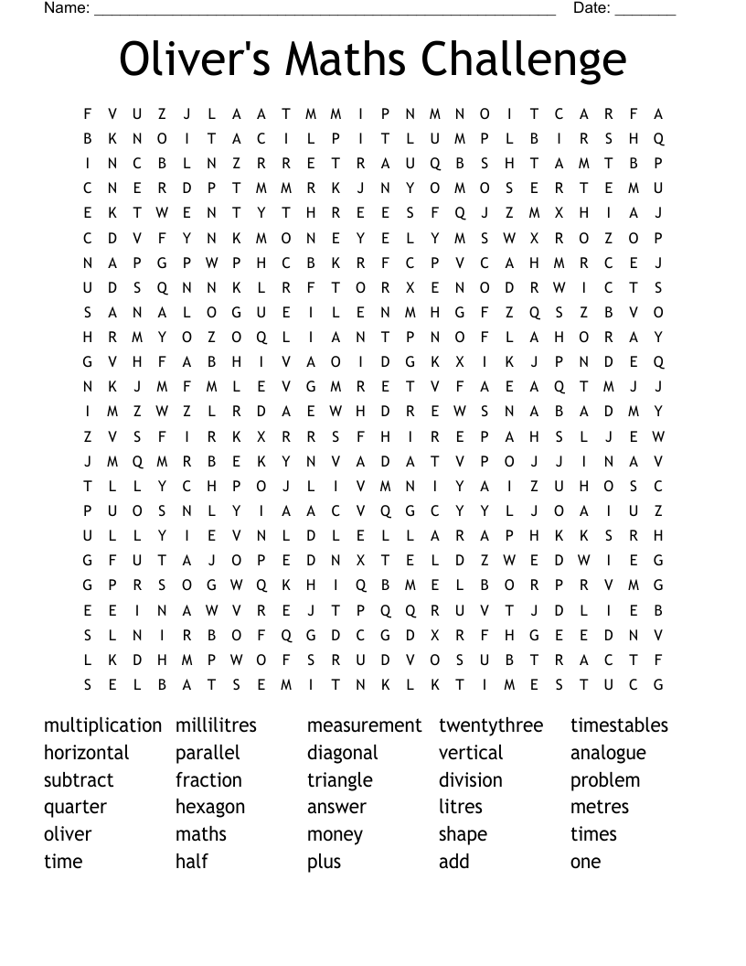 Oliver s Maths Challenge Word Search WordMint Oliver s Maths Challenge Word Search WordMint