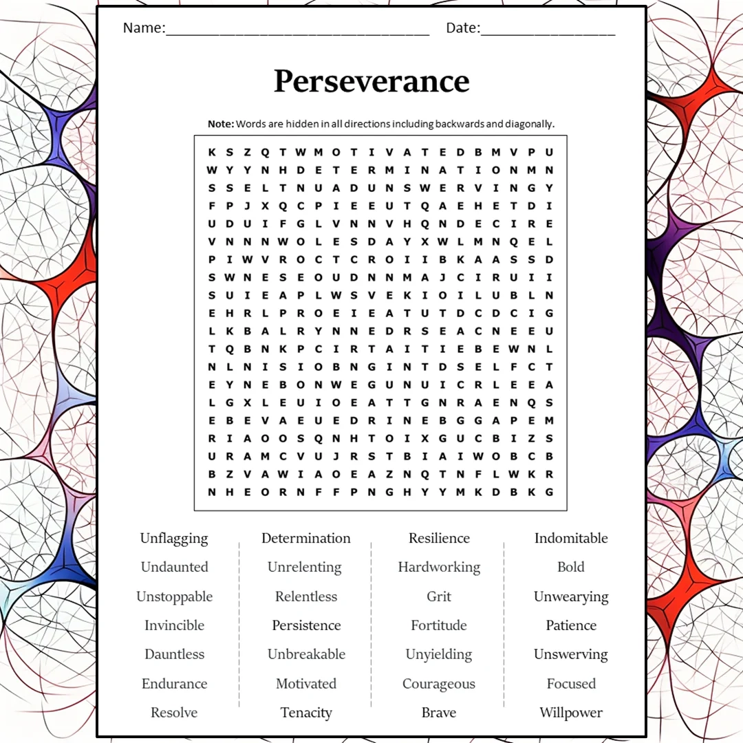 Perseverance Word Search Puzzle Worksheet Activity PDF PrintableBazaar