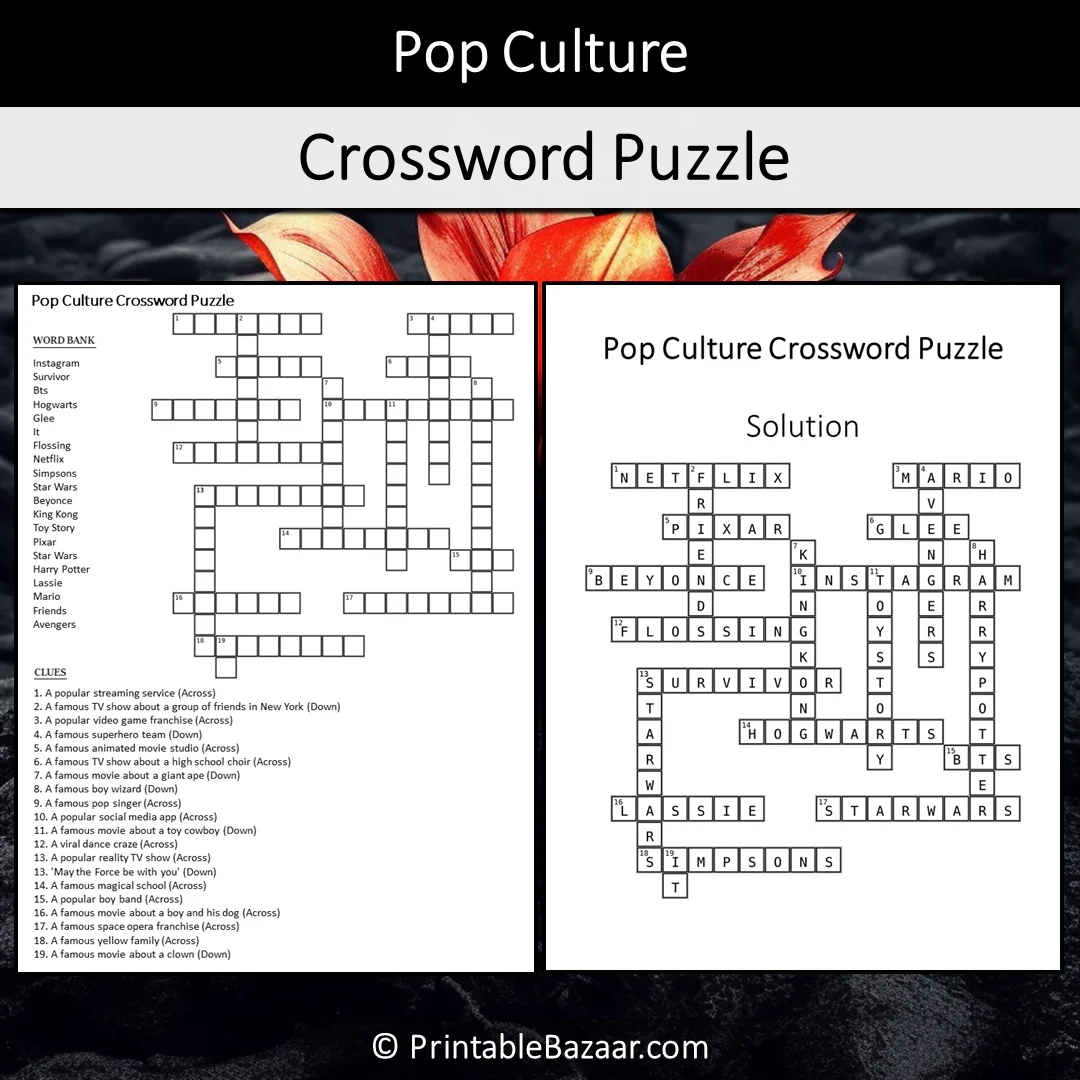 Pop Culture Crossword Puzzle Worksheet Activity Printable PDF PrintableBazaar Pop Culture Crossword Puzzle Worksheet Activity Printable PDF PrintableBazaar