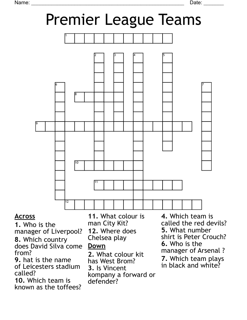 Premier League Teams Crossword WordMint Premier League Teams Crossword WordMint