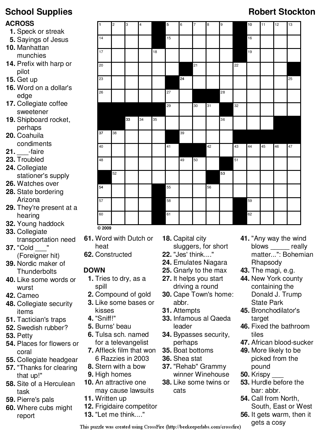 Printable Crossword Puzzle 95 School Supplies Beekeeper Crosswords Printable Crossword Puzzle 95 School Supplies Beekeeper Crosswords