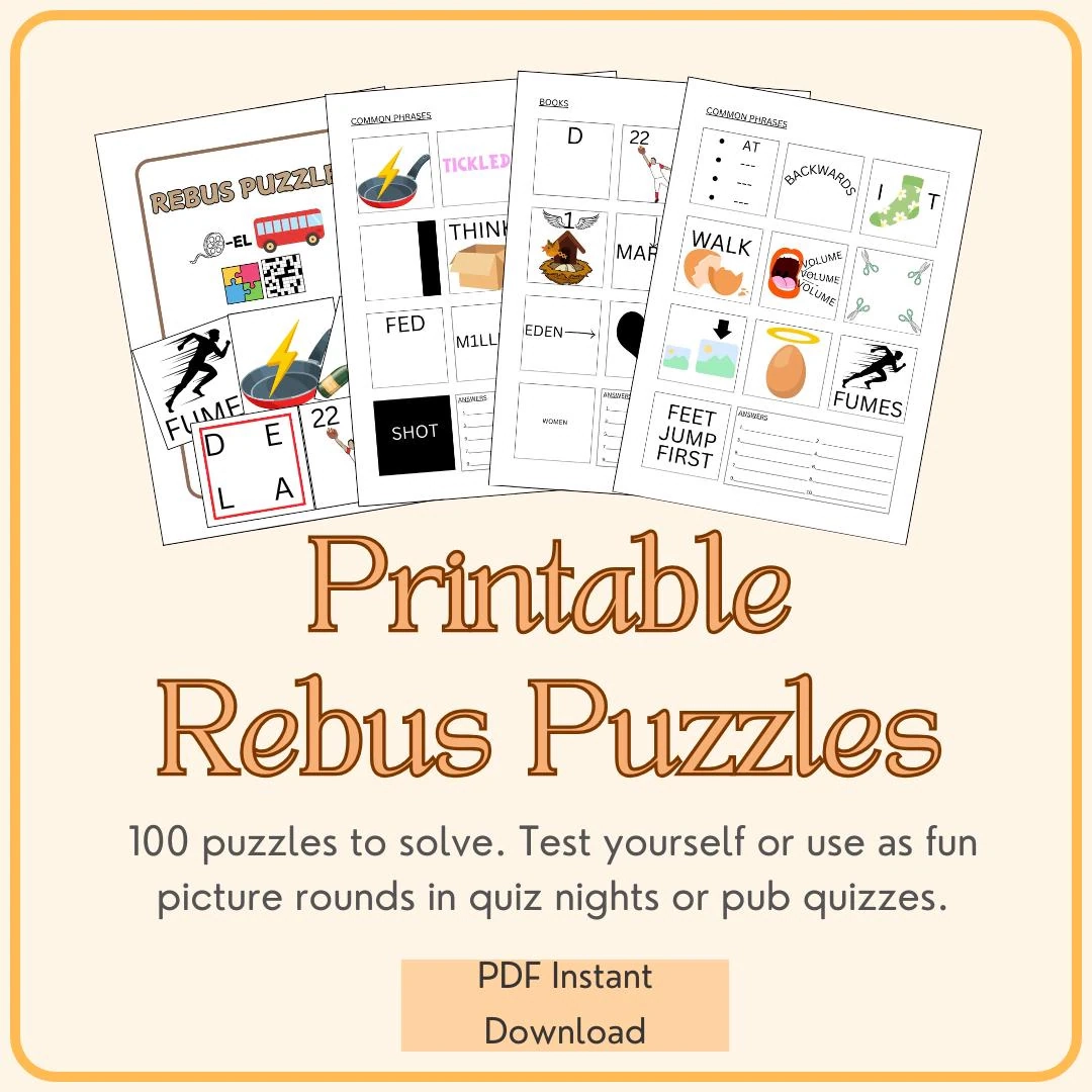 Printable Rebus Puzzles 100 Puzzles To Solve Test Yourself Or Use As Picture Rounds In Quiz Nights Or Pub Quizzes Etsy Printable Rebus Puzzles 100 Puzzles To Solve Test Yourself Or Use As Picture Rounds In Quiz Nights Or Pub Quizzes Etsy