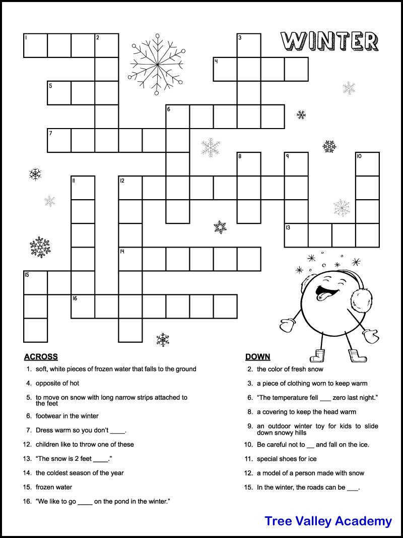 printable winter crossword puzzles for kids tree valley academy printable winter crossword puzzles for kids tree valley academy
