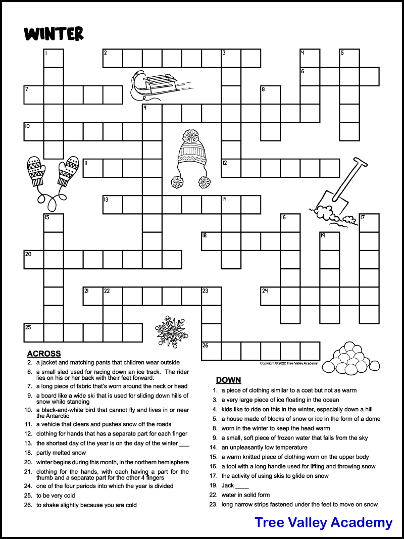 printable winter crossword puzzles for kids tree valley academy printable winter crossword puzzles for kids tree valley academy