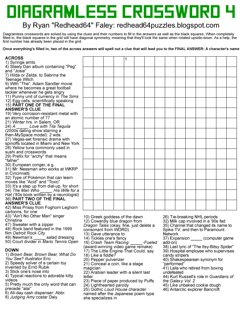 Redhead64 s Obscure Puzzle Blog PUZZLE 282 Diagramless Crossword 4 Redhead64 s Obscure Puzzle Blog PUZZLE 282 Diagramless Crossword 4