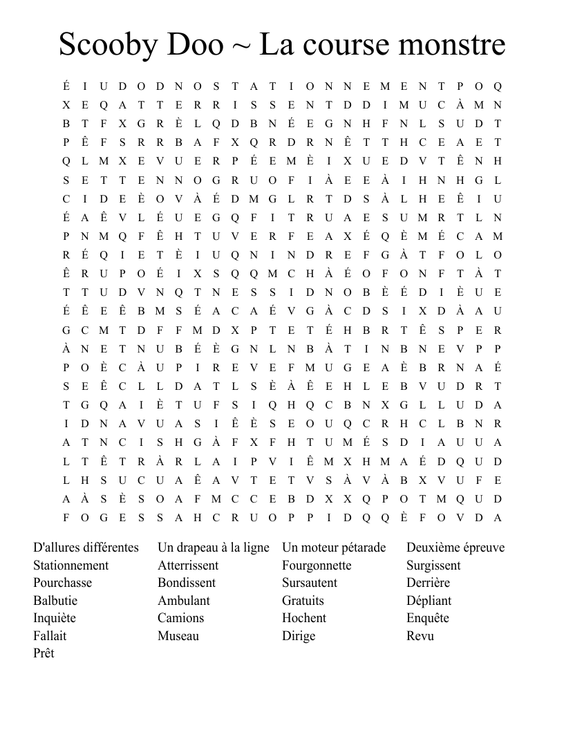 Scooby Doo La Course Monstre Word Search WordMint Scooby Doo La Course Monstre Word Search WordMint