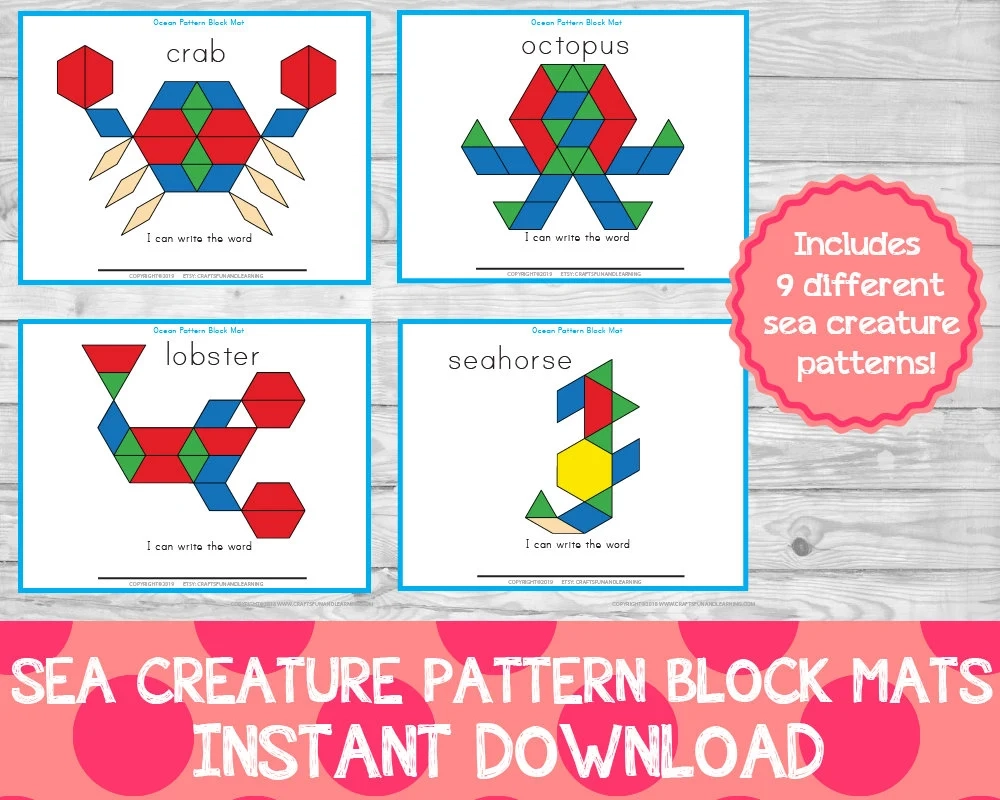 Sea Creature Pattern Block Mats Ocean Learning Pack Ocean Preschool Pack Etsy
