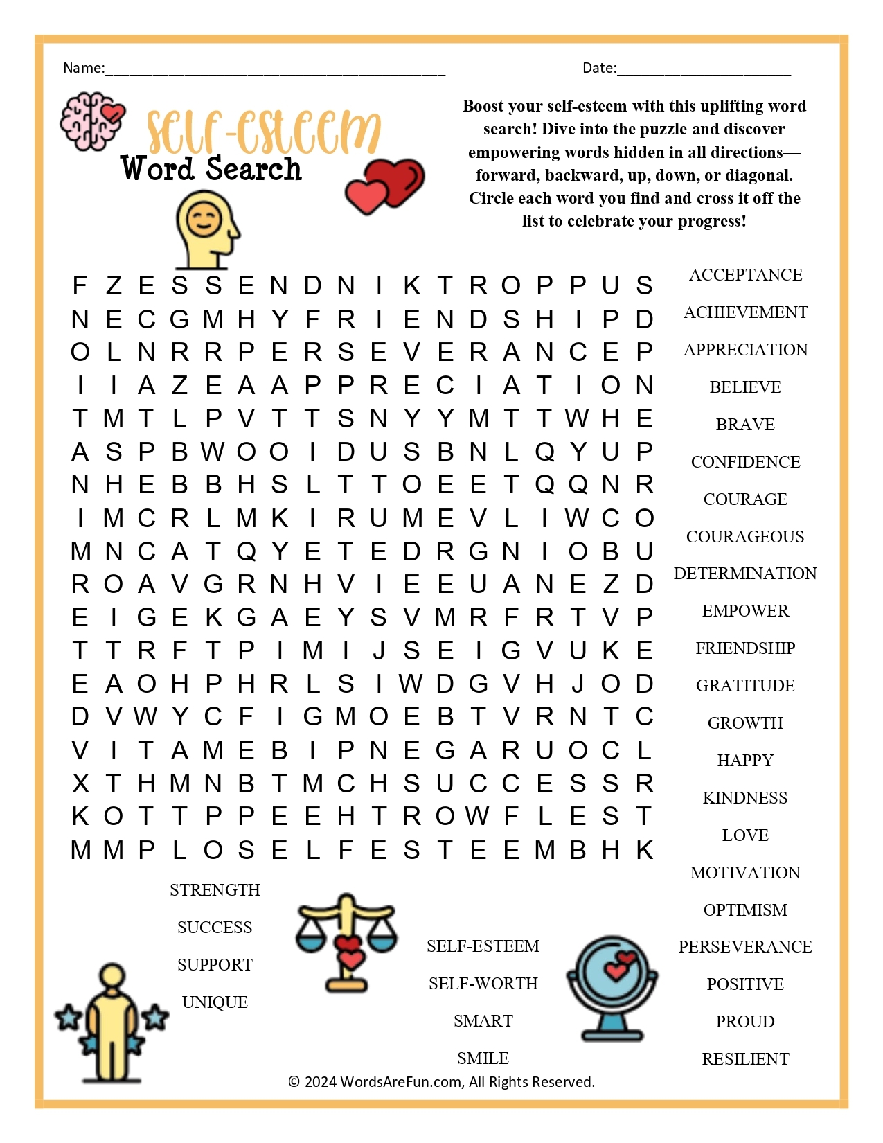 Self Esteem Word Search Printable Self Esteem Word Search Printable