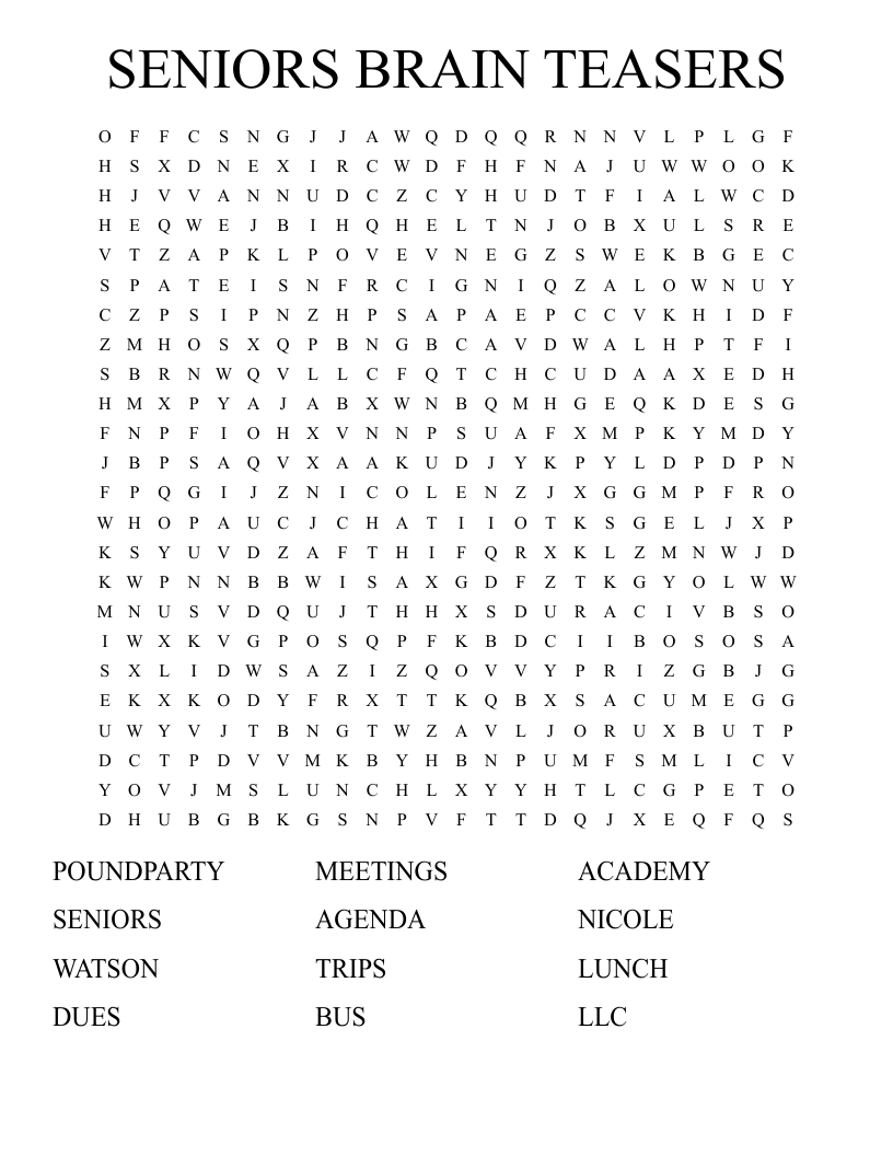 SENIORS BRAIN TEASERS Word Search WordMint SENIORS BRAIN TEASERS Word Search WordMint