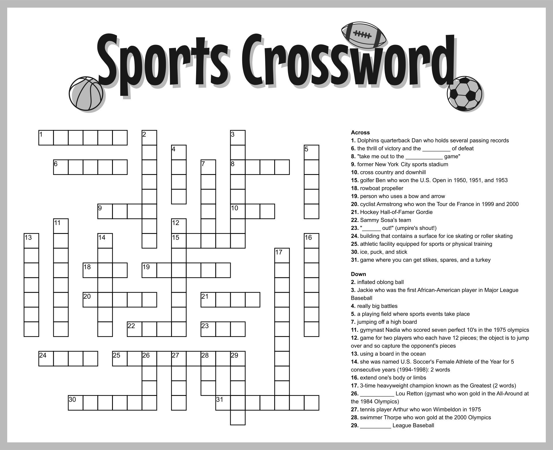 Sports Crossword Puzzle Beginner My Printable Puzzles Worksheets Library Sports Crossword Puzzle Beginner My Printable Puzzles Worksheets Library