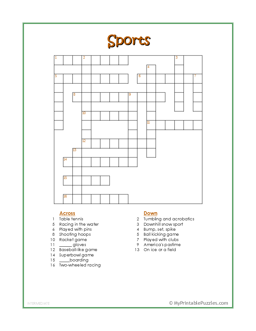 Sports Crossword Puzzle Intermediate My Printable Puzzles Sports Crossword Puzzle Intermediate My Printable Puzzles