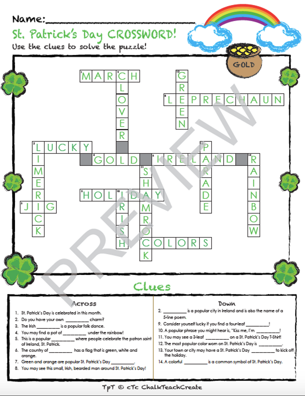 St Patrick s Day Crossword Puzzle Amped Up Learning St Patrick s Day Crossword Puzzle Amped Up Learning