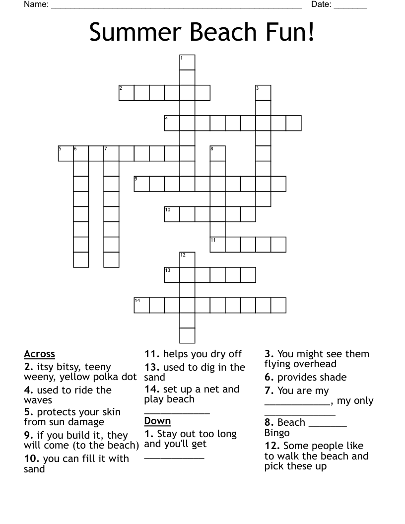 Summer Beach Fun Crossword WordMint Summer Beach Fun Crossword WordMint